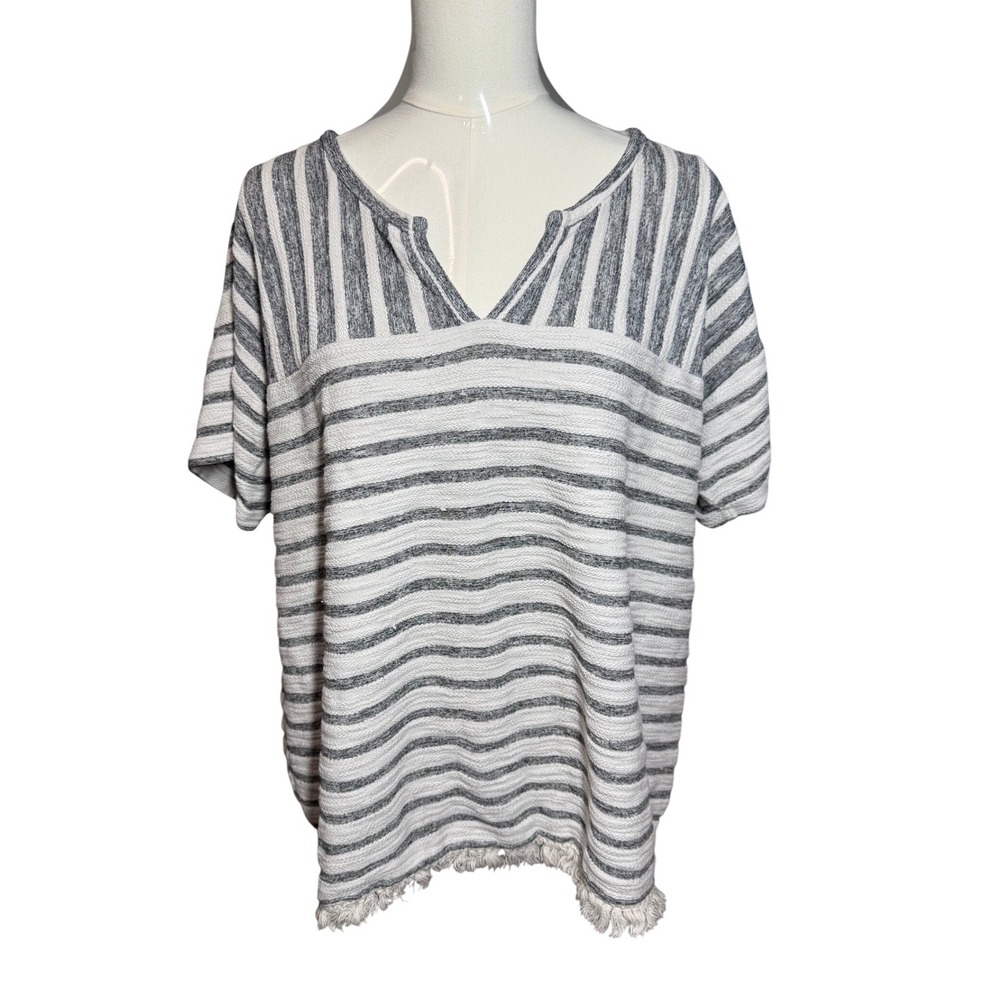 LOFT striped Short Sleeve V-Neck Fringe XL coastal boho oversized Terry cotton‎